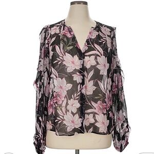 White House Black Market Black Sheer Blouse with Pink Floral Print